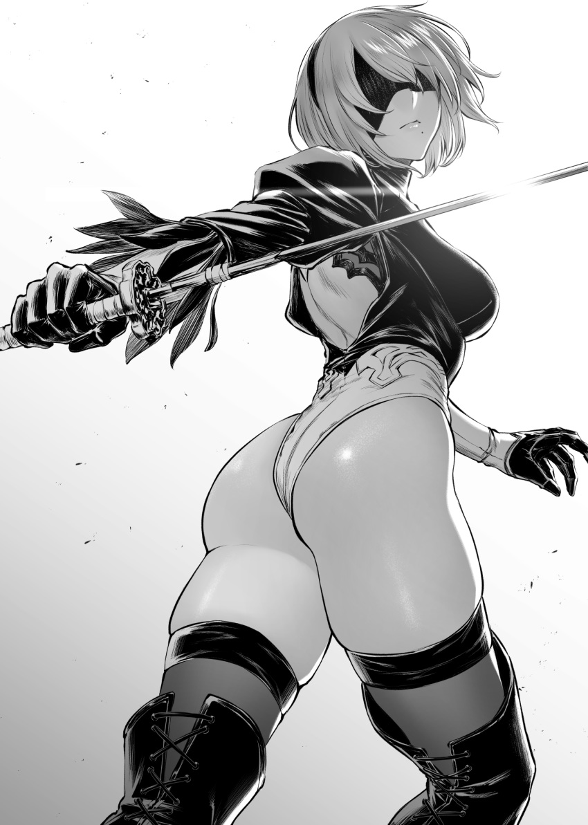 1girl ass back back_cutout bangs blindfold breasts clothing_cutout covered_eyes feather-trimmed_sleeves greyscale hairband highleg highleg_leotard highres juliet_sleeves katana large_breasts leotard long_sleeves monochrome mugetsu2501 nier_(series) nier_automata puffy_sleeves short_hair solo sword thigh-highs thighs weapon yorha_no._2_type_b