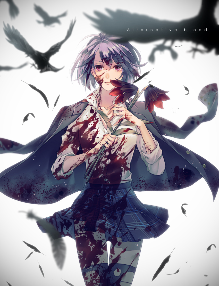 1girl absurdres alice_(sinoalice) bad_id bad_twitter_id bird black_legwear blood blood_on_face blood_splatter bloody_clothes blue_hair character_name collared_shirt crow english_text feathers flower highres holding holding_flower jacket looking_at_viewer npyon3 open_clothes open_jacket red_eyes school_uniform shirt simple_background sinoalice thigh-highs torn_clothes torn_legwear zettai_ryouiki