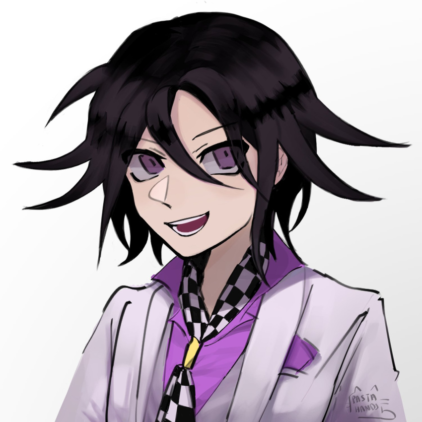 1boy :d artist_logo artist_name bangs black_hair checkered checkered_neckwear checkered_scarf collared_shirt commentary dangan_ronpa_(series) dangan_ronpa_10th_anniversary_costume dangan_ronpa_v3:_killing_harmony hair_between_eyes highres jacket looking_at_viewer male_focus necktie open_mouth ouma_kokichi pastahands pink_shirt scarf shirt simple_background smile solo spiky_hair teeth upper_body violet_eyes white_jacket