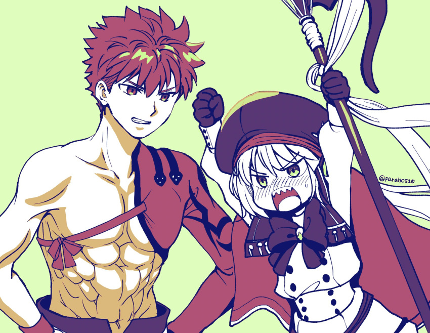 1boy 1girl abs arms_up artoria_pendragon_(all) artoria_pendragon_(caster)_(fate) bangs beret blush brown_eyes clenched_teeth cloak coat commentary_request emiya_shirou fate/grand_order fate_(series) gloves green_background green_eyes hands_on_hips hat highres holding holding_staff igote limited/zero_over looking_at_another muscular muscular_male navel open_mouth paraiso redhead ribbon sengo_muramasa_(fate) sharp_teeth simple_background spiky_hair staff sweatdrop teeth twitter_username v-shaped_eyebrows