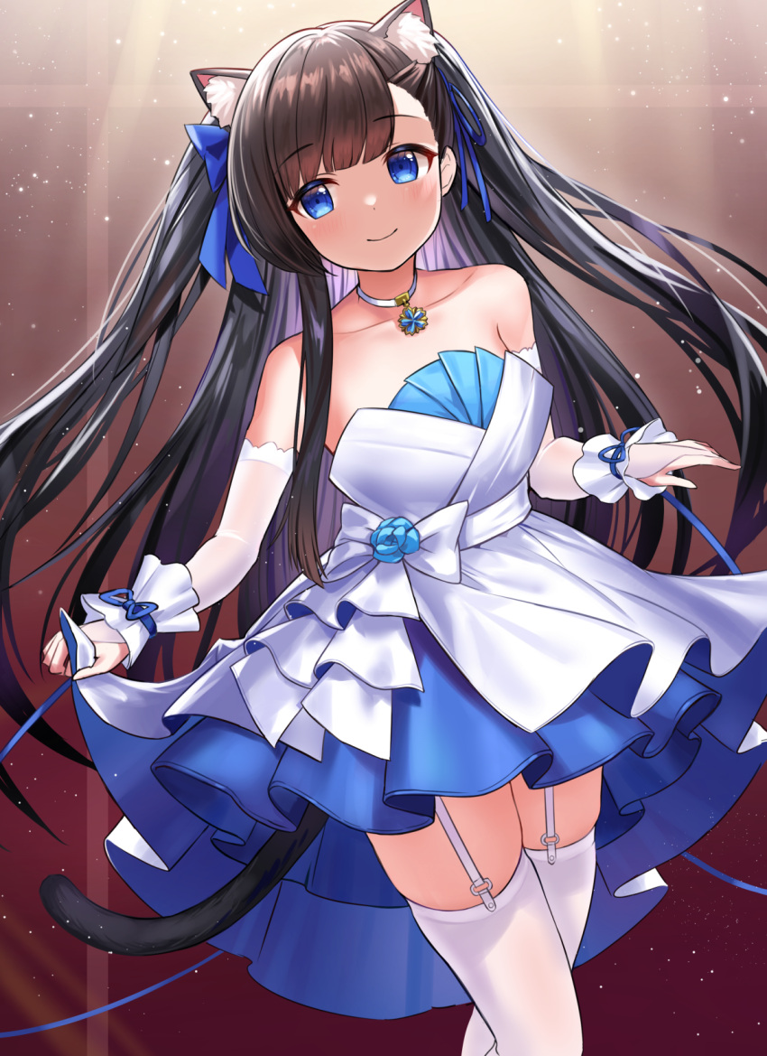 1girl animal_ear_fluff animal_ears arm_warmers azur_lane bare_shoulders black_hair blue_bow blue_dress blue_eyes blue_ribbon blush bow breasts cat_ears cat_girl clothes_lift dress eyebrows_visible_through_hair garter_belt hair_ribbon hatsuharu_(azur_lane) hatsuharu_(hatsuharu_in_the_limelight)_(azur_lane) highres holding holding_clothes holding_dress holding_skirt indoors jewelry kiki-yu layered_dress long_hair looking_at_viewer necklace official_alternate_costume ribbon skirt skirt_lift small_breasts smile solo strapless strapless_dress thigh-highs two-tone_dress white_legwear