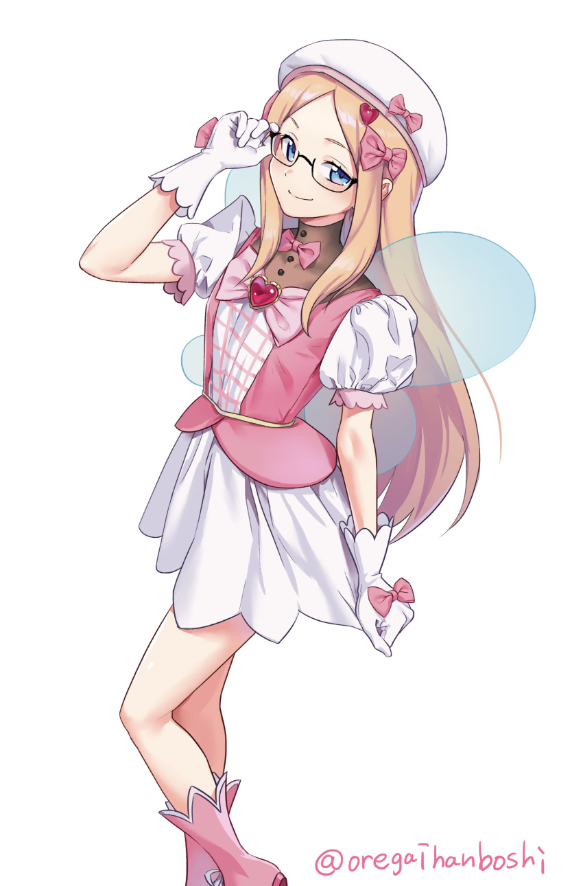 1girl absurdres ankle_boots beret blonde_hair blue_eyes blush boots bow commission dress flower_skirt glasses gloves hair_bow hair_ornament hair_ribbon hat hat_bow heart heart_hair_ornament highres long_hair magical_girl nia_jones oregaihanboshi original pink_bow pink_dress ribbon simple_background skeb_commission skirt smile solo transparent_wings white_background white_gloves white_skirt