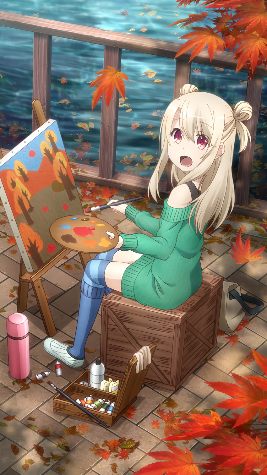 1girl absurdres autumn autumn_leaves fate/kaleid_liner_prisma_illya fate_(series) from_above highres illyasviel_von_einzbern looking_at_viewer looking_to_the_side official_art painting palette_(object) red_eyes solo