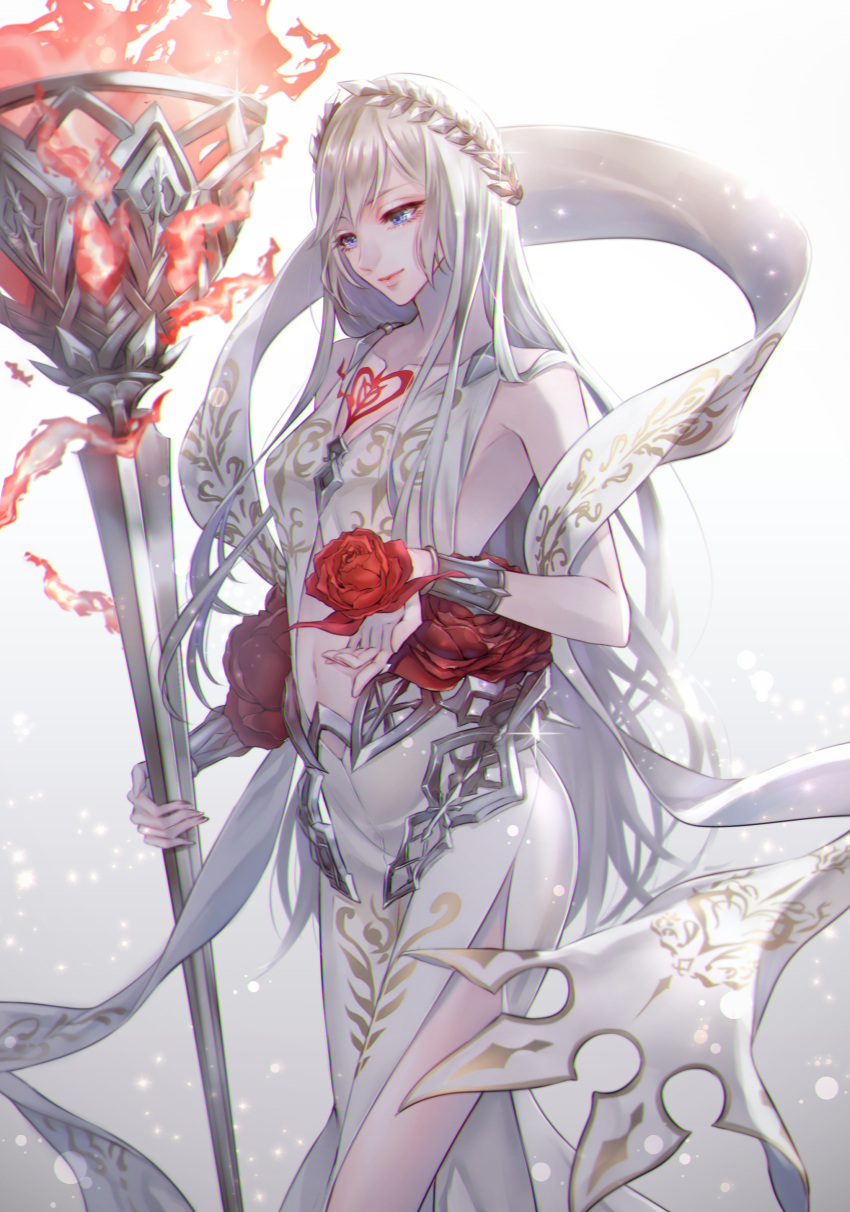 1girl absurdres bad_id bad_twitter_id bridal_gauntlets closed_mouth dress fire flower gradient gradient_background greek_clothes hair_ornament highres holding holding_flower holding_staff light_particles long_hair looking_away npyon3 red_flower red_rose rose simple_background sinoalice smile snow_white_(sinoalice) solo staff white_hair