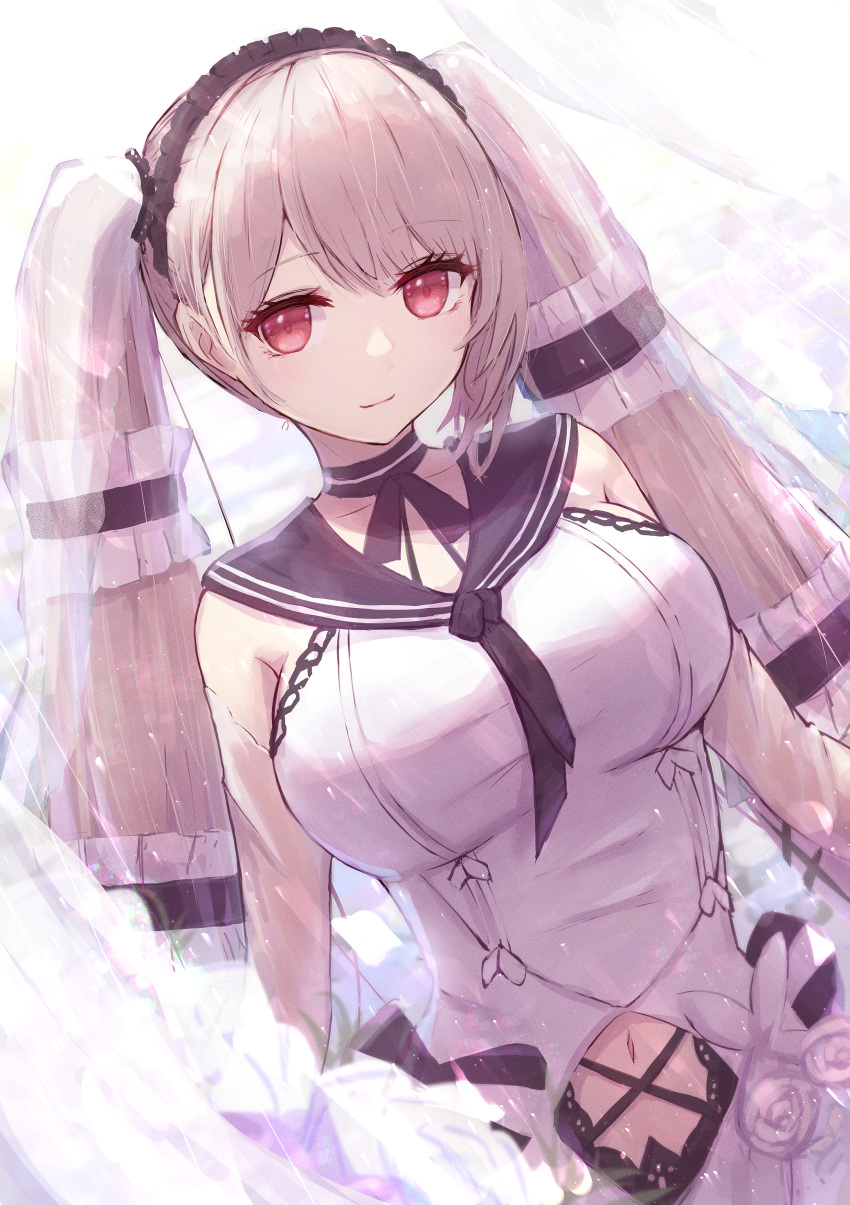 1girl absurdres azur_lane black_choker black_neckwear black_sailor_collar bow_dress breasts choker clothing_cutout dress dutch_angle feather_dress formidable_(azur_lane) formidable_(timeless_classics)_(azur_lane) hair_ornament highres huge_filesize large_breasts long_hair looking_at_viewer navel_cutout official_alternate_costume red_eyes reizouko sailor_collar sleeveless sleeveless_dress solo twintails two-tone_dress two-tone_ribbon veil very_long_hair white_dress