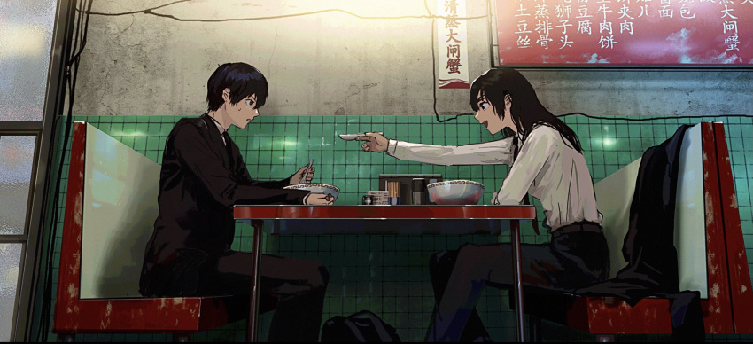 1boy 1girl black_hair black_pants black_suit chainsaw_man eye_contact formal from_side hayakawa_aki_(chainsaw_man) highres himeno_(chainsaw_man) holding holding_spoon long_hair looking_at_another necktie pants restaurant shinamoku00 shirt short_hair sitting spoon suit sweatdrop table white_shirt