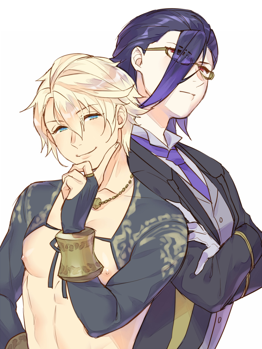 2boys aladdin_(sinoalice) bare_pectorals black_hair blonde_hair bridal_gauntlets butler closed_mouth collared_shirt formal fringe_trim glasses gloves hameln_(sinoalice) highres jewelry male_focus multicolored_hair multiple_boys necklace necktie nipples pectorals purple_hair red_eyes ribbon shirt short_hair sinoalice skky3 smile smug two-tone_hair white_gloves