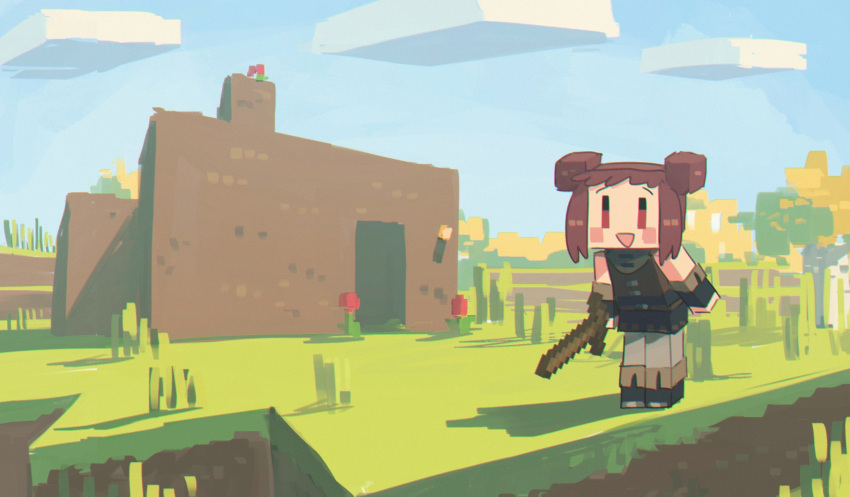 1girl :d blue_sky blush_stickers brown_hair clouds commentary day double_bun english_commentary enne_(porforever) flower grass highres holding holding_sword holding_weapon house looking_at_viewer minecraft minecraft_sword open_mouth original outdoors porforever red_eyes short_hair sky smile solo sword weapon
