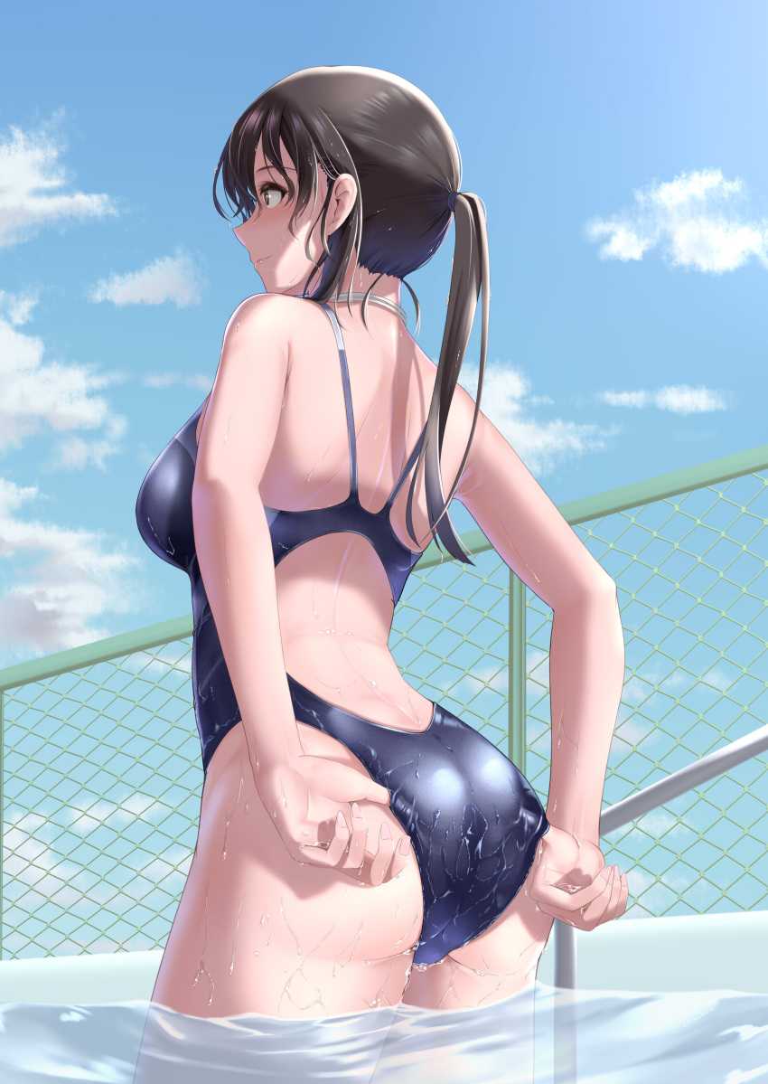 1girl absurdres adjusting_clothes adjusting_swimsuit ass back back_cutout bangs black_hair blue_swimsuit blush breasts chain-link_fence clothing_cutout competition_swimsuit day fence from_behind highres kamehito long_hair looking_away one-piece_swimsuit original outdoors ponytail pool profile shoulder_blades solo standing swimsuit wading water wet wet_clothes wet_swimsuit