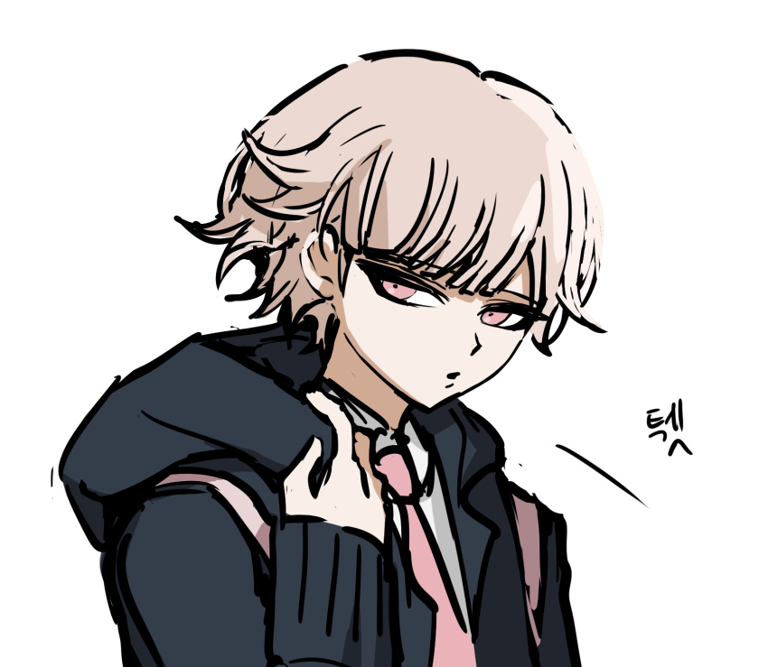 bangs black_jacket dangan_ronpa_(series) dangan_ronpa_2:_goodbye_despair eyebrows_visible_through_hair genderswap genderswap_(ftm) grey_background hand_up highres hood hood_down hooded_jacket jacket light_brown_hair long_sleeves male_focus nanami_chiaki necktie no_(xpxz7347) pink_eyes pink_neckwear shirt short_hair simple_background solo upper_body white_background white_shirt