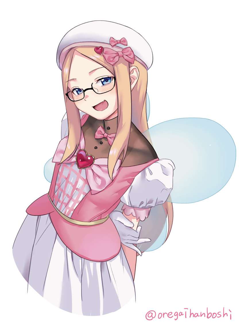 1girl absurdres ankle_boots beret blonde_hair blue_eyes blush boots bow commission dress flower_skirt glasses gloves hair_ornament hair_ribbon hat hat_bow heart heart_hair_ornament highres long_hair looking_at_viewer magical_girl nia_jones open_mouth oregaihanboshi original pink_dress pink_footwear pink_ribbon ribbon skeb_commission skirt smile solo transparent_wings white_background white_gloves white_skirt