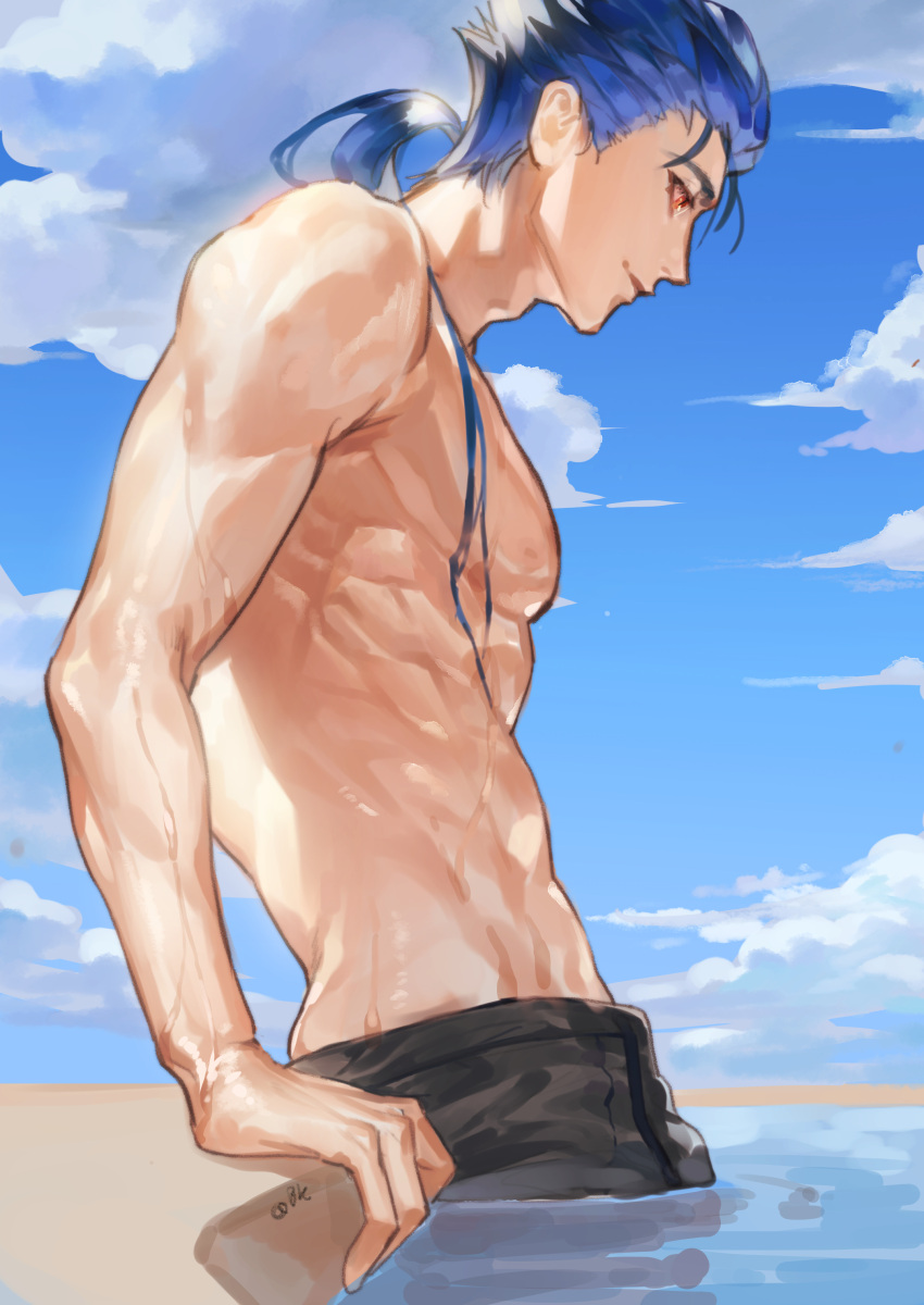 1boy abs absurdres alternate_costume biceps blue_hair blue_sky bok closed_mouth cu_chulainn_(fate)_(all) cu_chulainn_(fate/stay_night) fate/stay_night fate_(series) from_side groin highres long_hair male_focus male_swimwear muscular muscular_male outdoors partially_submerged pectorals ponytail red_eyes shirtless sky smile solo spiky_hair water wet