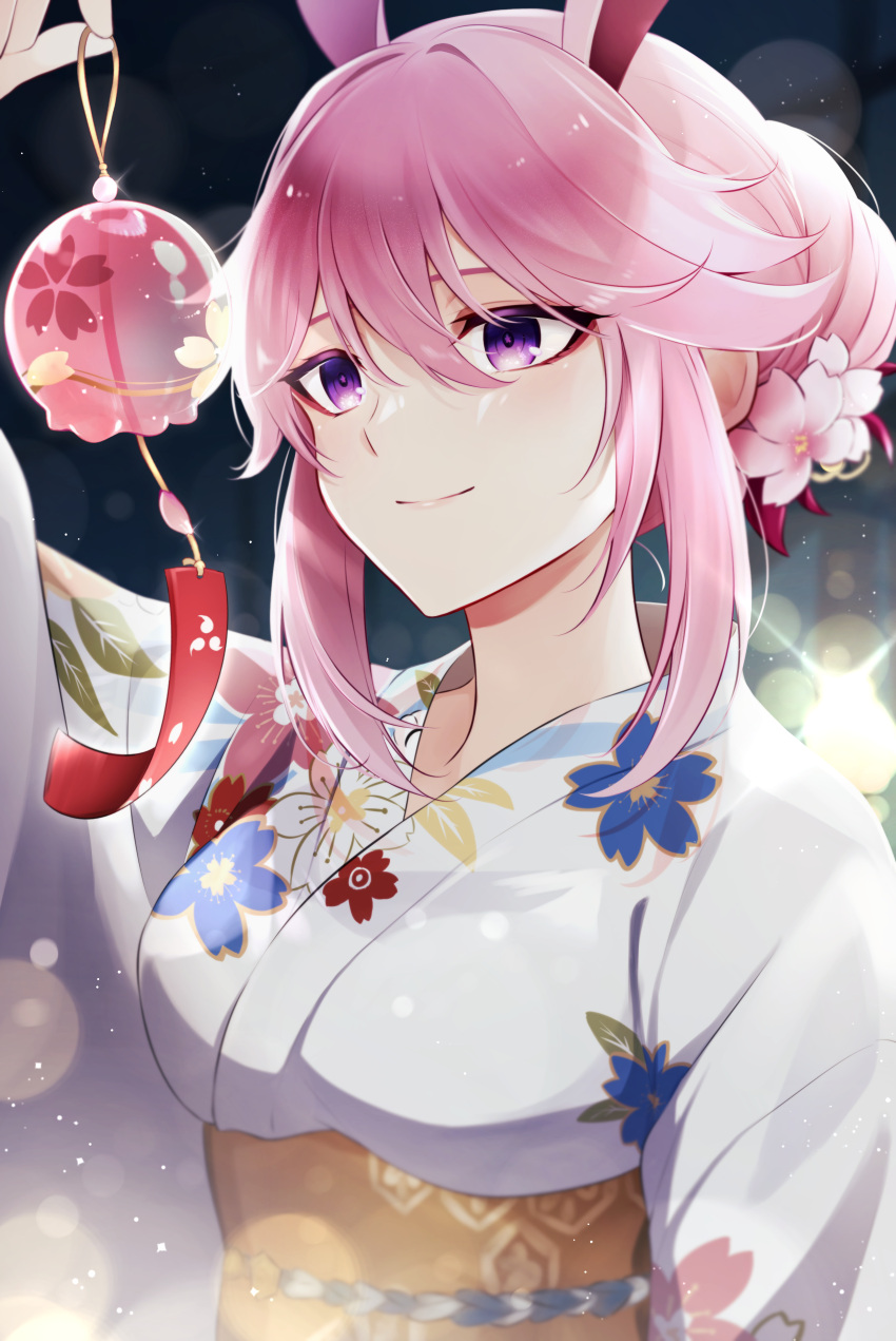 1girl absurdres animal_ears balloon bangs black_background breasts commentary floral_print flower gradient gradient_background hair_flower hair_ornament hair_up highres holding holding_balloon honkai_(series) honkai_impact_3rd japanese_clothes kimono kuroha1873 large_breasts lens_flare looking_afar obi pink_flower pink_hair rabbit_ears sash sidelocks simple_background smile solo swept_bangs upper_body violet_eyes white_background yae_sakura