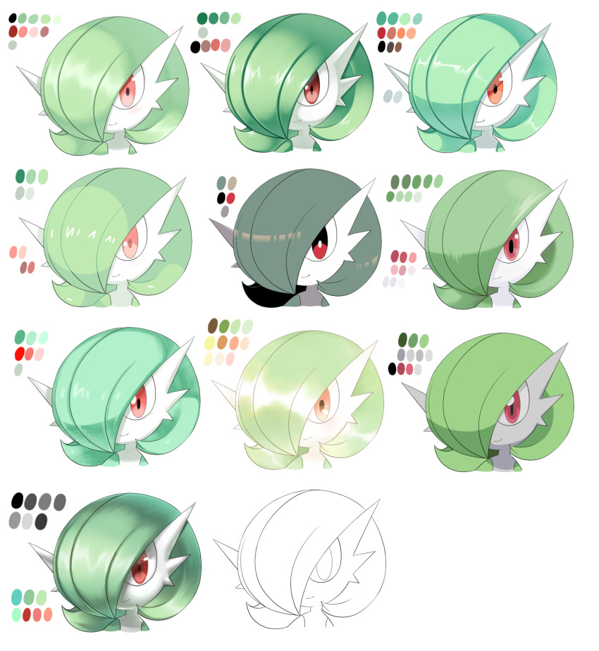 1girl anime_coloring bangs bob_cut closed_mouth color_guide colored_skin commentary_request face gardevoir gen_3_pokemon green_hair green_skin hair_over_one_eye happy highres lineart lotosu multicolored multicolored_skin multiple_views muted_color partial_commentary pokemon pokemon_(creature) red_eyes shiny shiny_hair short_hair smile two-tone_skin white_skin