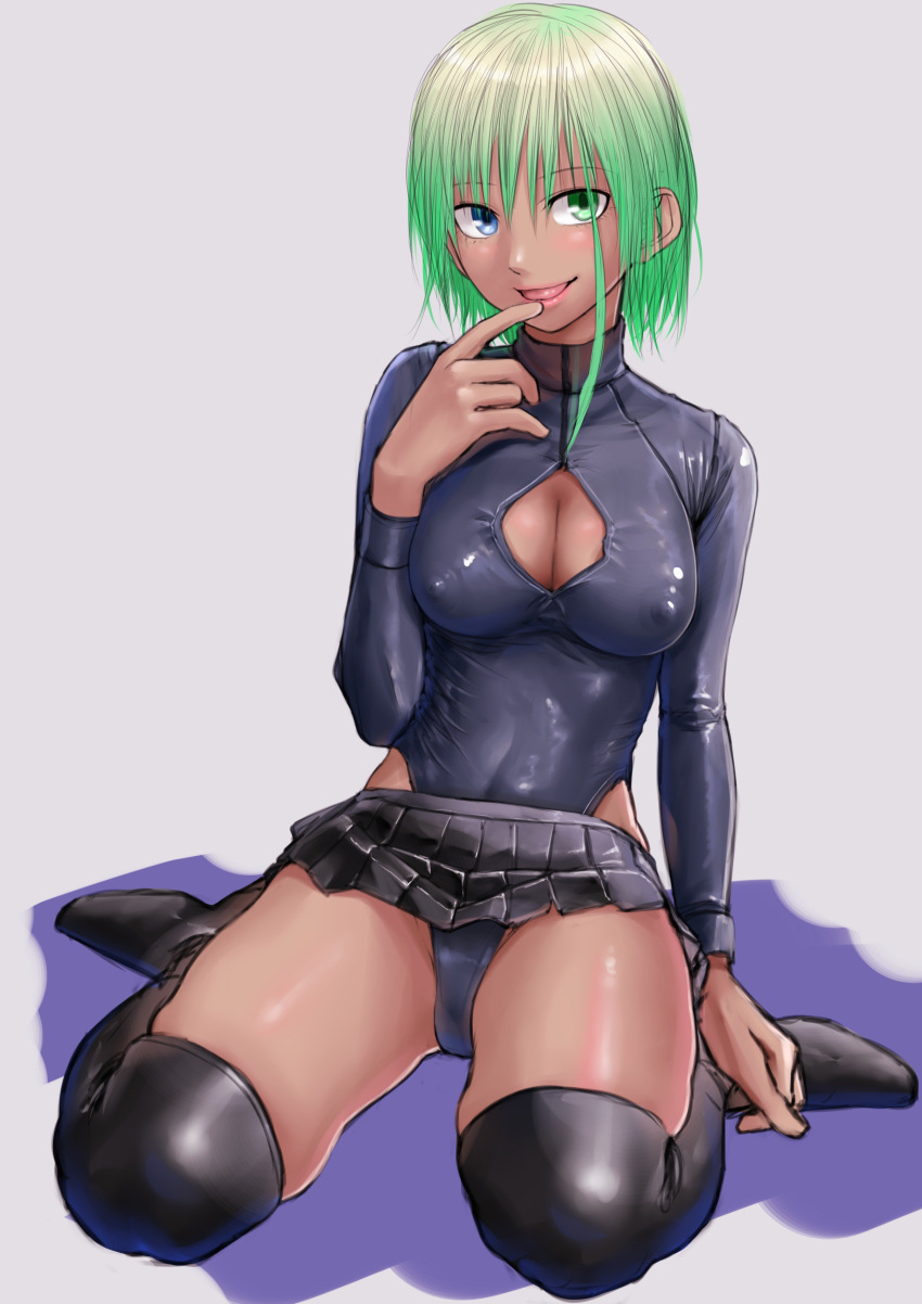 1girl :d absurdres arm_at_side bangs black_footwear black_legwear black_skirt blue_eyes blue_leotard blush boots breasts cleavage_cutout clothing_cutout covered_nipples dark-skinned_female dark_skin finger_to_mouth full_body green_eyes green_hair grey_background hair_between_eyes hand_up happy heterochromia highleg highleg_leotard highres hip_focus kirie_kairi leotard lipstick long_sleeves looking_at_viewer makeup medium_breasts microskirt open_mouth original pink_lips pleated_skirt shadow shiny shiny_clothes short_hair simple_background sitting skin_tight skindentation skirt smile solo thigh-highs thigh_boots thighs turtleneck wariza