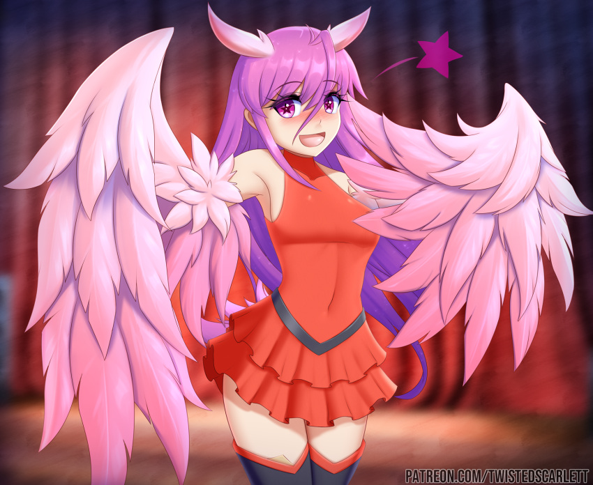 1girl :d bangs bare_shoulders bird_tail black_legwear blush breasts covered_navel english_commentary eyebrows_visible_through_hair feather_hair feathered_wings feathers hair_between_eyes harpy highres long_hair medium_breasts monster_girl navel open_mouth original patreon_username pink_eyes pink_feathers pink_hair pink_wings red_skirt skirt sleeveless smile solo star-shaped_pupils star_(symbol) symbol-shaped_pupils tail tail_feathers thigh-highs twistedscarlett60 very_long_hair winged_arms wings