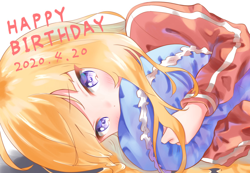 1girl bangs birthday blonde_hair blue_eyes blush commentary cushion dated english_text eyebrows_visible_through_hair face gabriel_dropout gabriel_tenma_white happy_birthday highres jacket long_hair long_sleeves looking_at_viewer lying object_hug on_side orange0150 pillow pillow_hug red_jacket shadow sidelocks solo white_background