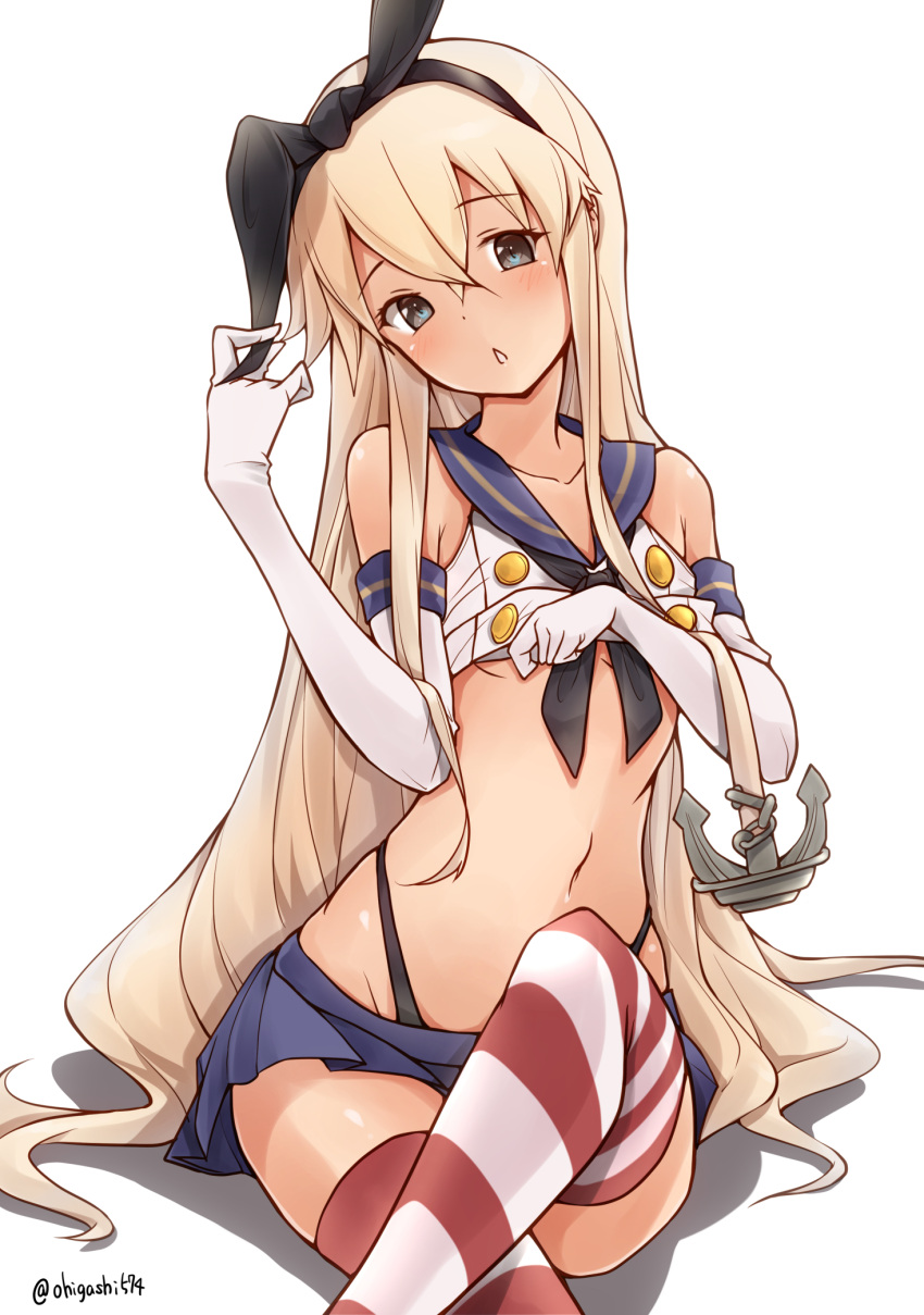 1girl anchor_hair_ornament black_hairband black_neckwear black_panties blonde_hair blue_sailor_collar blue_skirt clothes_lift crop_top dress elbow_gloves gloves grey_eyes hair_ornament hairband highleg highleg_panties highres kantai_collection long_hair looking_at_viewer microskirt miniskirt neckerchief one-hour_drawing_challenge oohigashi_(ohigashi574) panties pleated_dress sailor_collar shimakaze_(kancolle) shirt_lift skirt solo striped striped_legwear thigh-highs underwear white_gloves