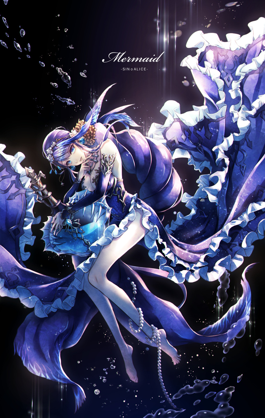 1girl absurdres backlighting bad_id bad_twitter_id barefoot beads blue_eyes blue_hair braid braided_ponytail bubble character_name choker dress elbow_gloves fins frilled_dress frills gloves hair_beads hair_ornament highres holding holding_weapon jewelry light_particles looking_at_viewer low_ponytail ningyo_hime_(sinoalice) npyon3 parted_lips potion sidelocks sinoalice solo tiara underwater weapon