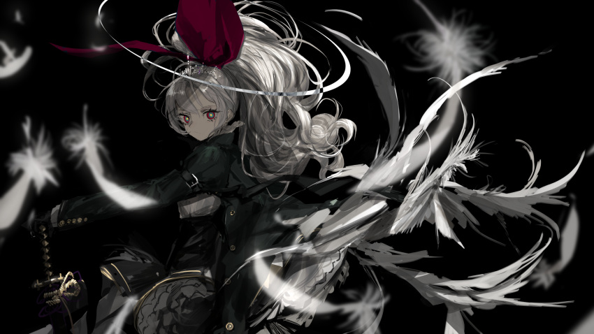 1girl black_background black_gloves bow buckle closed_mouth coat dress feathers frown gloves hair_bow highres long_hair looking_at_viewer multicolored multicolored_eyes narue original petticoat ponytail silver_hair simple_background sketch solo tiara