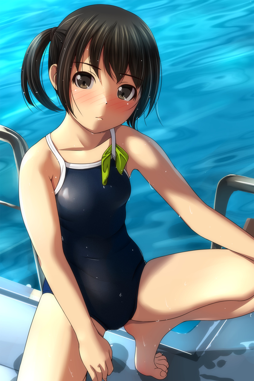1girl absurdres bangs bare_arms bare_legs bare_shoulders barefoot black_hair black_swimsuit blush brown_eyes closed_mouth collarbone day eyebrows_visible_through_hair highres matsunaga_kouyou nose_blush one-piece_swimsuit original outdoors pool pool_ladder poolside side_ponytail solo spread_legs swimsuit tiptoes water