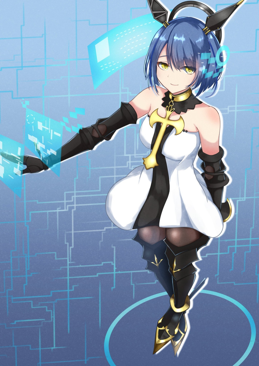 1girl armored_boots azur_lane bare_shoulders black_collar black_dress black_footwear black_gloves blue_hair boots breasts collar cross cross_necklace dress elbow_gloves eyebrows_visible_through_hair full_body gascogne_(azur_lane) gloves headgear highres holographic_interface jewelry looking_at_viewer mechanical_halo medium_breasts necklace pantyhose rudder_footwear sakamoto_(slopepepepe) short_dress short_hair sleeveless sleeveless_dress solo strapless strapless_dress two-tone_dress white_dress yellow_eyes