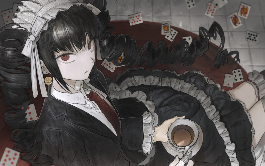 1girl bangs bell bell_earrings black_dress black_hair black_legwear bonnet card celestia_ludenberg claw_ring commentary_request cup dangan_ronpa:_trigger_happy_havoc dangan_ronpa_(series) dress drill_hair earrings eyelashes feet_out_of_frame frilled_dress frilled_legwear frills from_above glaring gothic_lolita highres holding holding_cup jewelry lolita_fashion long_hair mabelmine necktie playing_card red_eyes red_neckwear shirt sidelocks sitting solo teacup twin_drills white_shirt