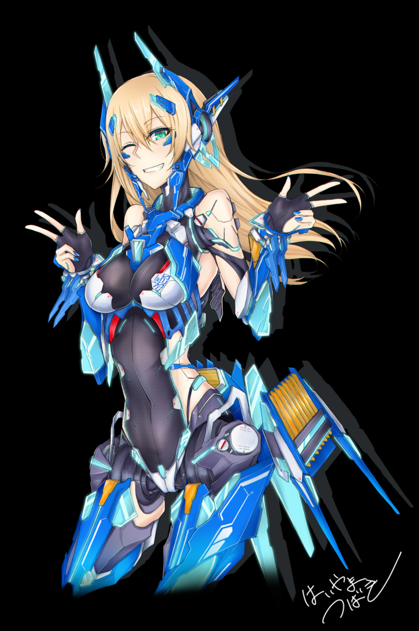 1girl android bare_shoulders blonde_hair blue_nails breasts covered_navel double_v green_eyes grin highres long_hair mecha_musume medium_breasts one_eye_closed original smile solo tsubakiworks v very_long_hair