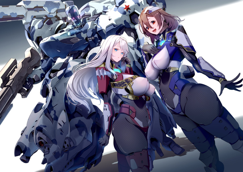 2girls blue_eyes breasts brown_hair clenched_hand commission gun hair_behind_ear hair_between_eyes highres holding holding_gun holding_weapon large_breasts long_hair mecha medium_hair multiple_girls open_hand original red_eyes sakusakusakurai science_fiction shoulder_cannon silver_hair skeb_commission visor weapon