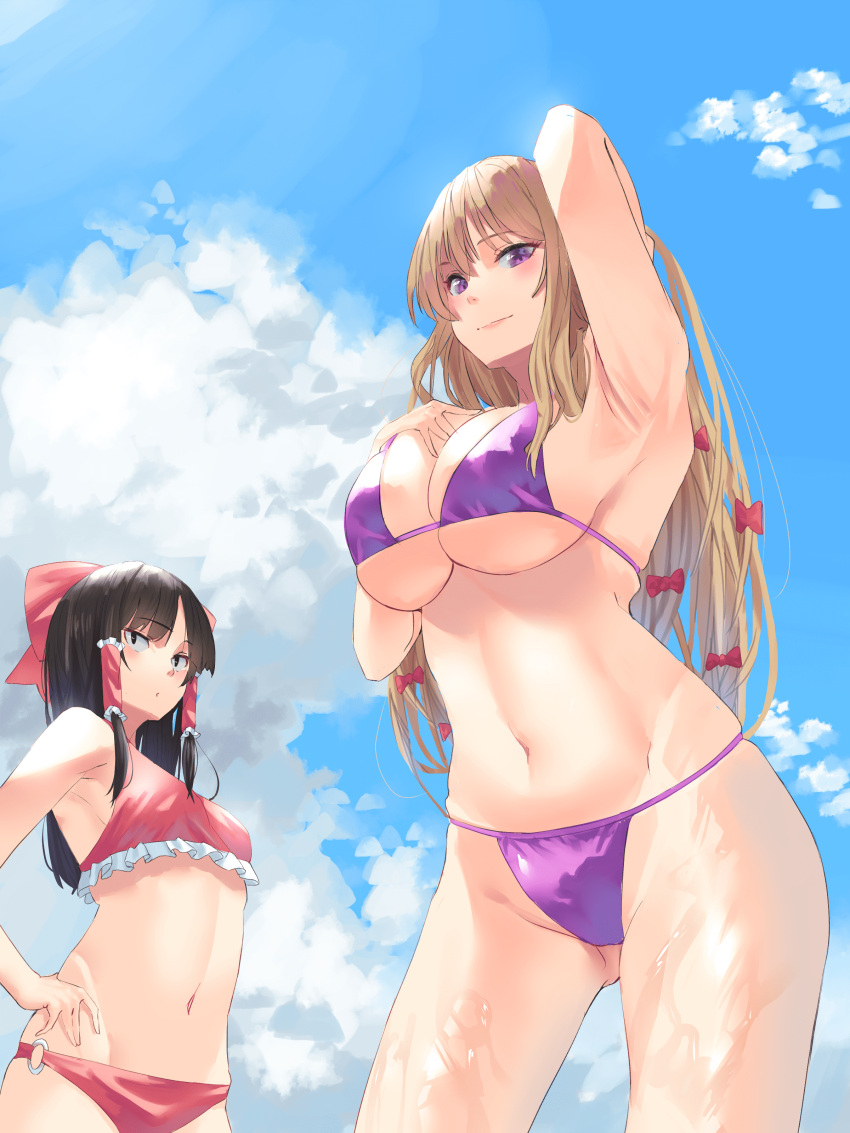 2girls absurdres alternate_costume arm_up armpits ass_visible_through_thighs bangs bikini black_eyes blonde_hair blue_sky blush bow breasts clouds commentary_request cowboy_shot day doitsuudon expressionless eyebrows_visible_through_hair frilled_bikini frilled_hair_tubes frills hair_bow hair_tubes hakurei_reimu hand_in_hair hand_on_breast hand_on_hip highres huge_breasts long_hair looking_at_viewer looking_down looking_to_the_side medium_breasts medium_hair multiple_girls navel o-ring o-ring_bottom outdoors parted_bangs parted_lips perspective pink_lips purple_bikini red_bikini shiny shiny_clothes shiny_skin sidelocks sky smile stomach summer swimsuit thighs thong_bikini toned touhou upper_body very_long_hair violet_eyes wet yakumo_yukari