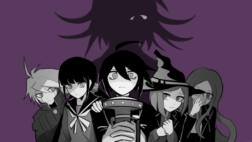 adjusting_eyewear ahoge bangs blunt_bangs clenched_hands closed_mouth collared_shirt dangan_ronpa_(series) dangan_ronpa_v3:_killing_harmony english_commentary glasses hair_ornament hair_scrunchie hand_on_another's_shoulder hand_up harukawa_maki hat highres holding jacket keebo long_sleeves looking_at_another low_twintails monochrome multiple_girls ouma_kokichi pastahands purple_background ribbon saihara_shuuichi sailor_collar scrunchie shirogane_tsumugi shirt short_hair simple_background twintails upper_body witch_hat yumeno_himiko