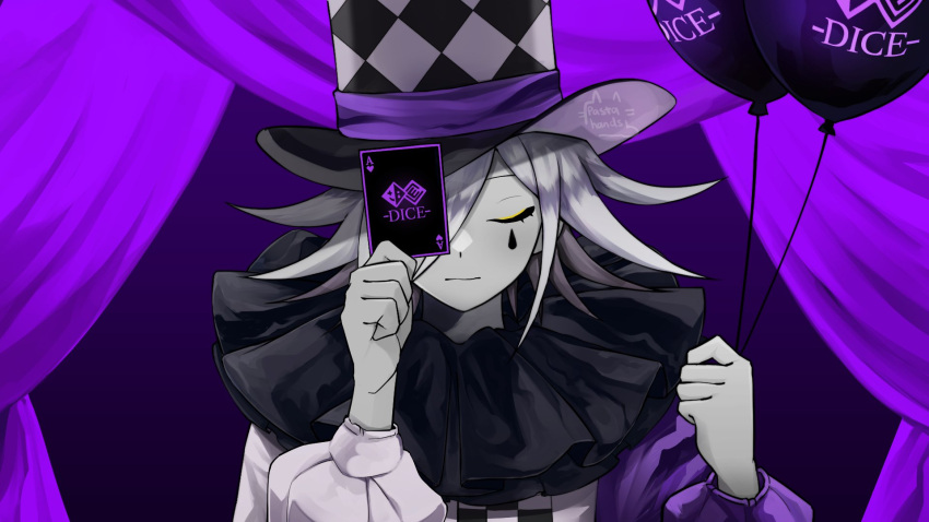 alternate_costume alternate_hair_color artist_logo artist_name balloon bangs card checkered closed_eyes curtains dangan_ronpa_(series) dangan_ronpa_v3:_killing_harmony english_text expressionless facing_viewer flipped_hair gradient gradient_background grey_hair hair_over_one_eye hands_up hat highres holding holding_card long_sleeves one_eye_covered ouma_kokichi pastahands playing_card puffy_long_sleeves puffy_sleeves purple_background shiny shiny_hair solo teardrop_tattoo top_hat upper_body