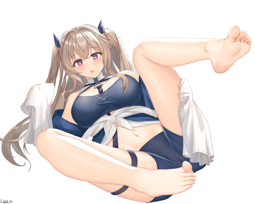 1girl anchorage_(azur_lane) artist_name azur_lane bangs barefoot blue_coat blue_shorts breasts coat crossed_bangs feet heart heart-shaped_pupils highres large_breasts legs light_brown_hair long_hair luoloo micro_shorts navel neckwear_between_breasts off-shoulder_jacket off_shoulder shorts simple_background soles solo symbol-shaped_pupils thigh_strap toes twintails very_long_sleeves white_background