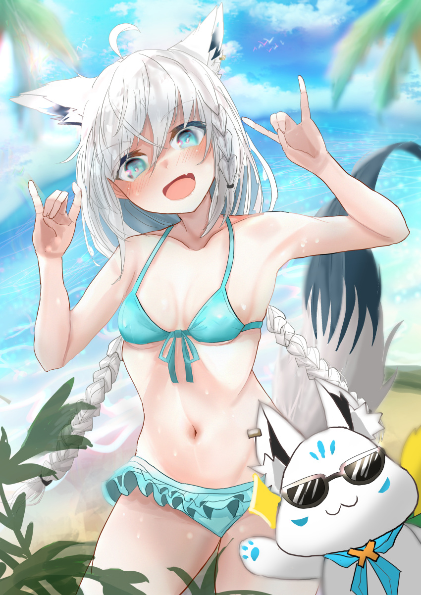 1girl absurdres ahoge animal_ears arms_up bangs bikini blurry blurry_background blush braid breasts clouds cloudy_sky commentary_request day earrings eyebrows_visible_through_hair fang fox_ears fox_girl fox_shadow_puppet fox_tail frilled_bikini frills green_bikini green_eyes hair_between_eyes highres hololive jewelry leaf long_hair looking_at_viewer mascot matudo_yuu navel ocean open_mouth outdoors shirakami_fubuki sidelocks single_braid skin_fang sky small_breasts sukonbu_(shirakami_fubuki) sunglasses swept_bangs swimsuit tail twin_braids virtual_youtuber white_hair