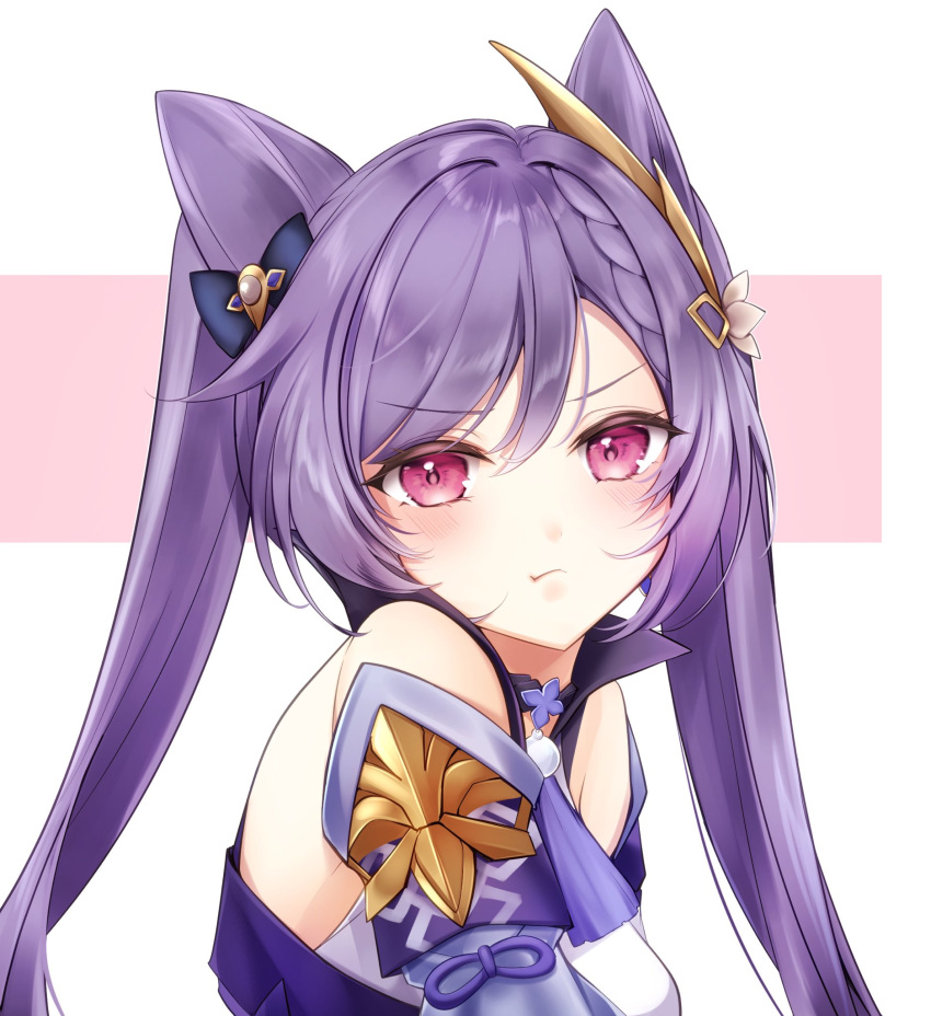 1girl asahi_(vjss4548) bare_shoulders bow braid choker double_bun dress genshin_impact hair_bow hair_cones hair_ears hair_ornament highres keqing_(genshin_impact) long_hair looking_at_viewer pink_eyes pout purple_choker purple_dress purple_hair simple_background solo twintails upper_body violet_eyes white_background