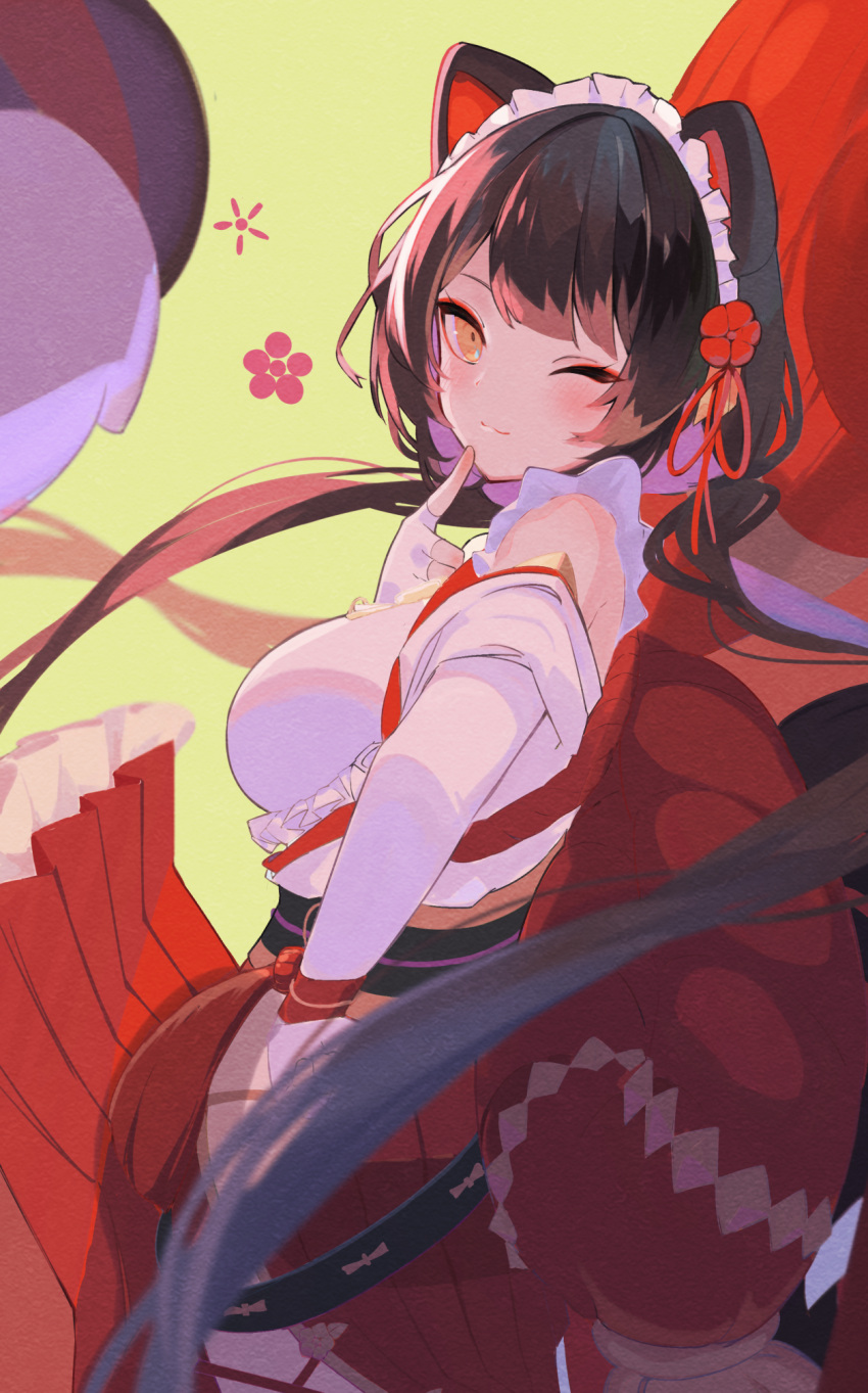 1girl animal_ears bangs blush breasts dalos dog_ears dog_girl eyebrows_behind_hair finger_to_own_chin fingerless_gloves floating_hair from_side gloves hand_on_hip highres inui_toko long_hair maid_headdress medium_breasts nijisanji red_skirt skirt smile solo twintails virtual_youtuber white_gloves yellow_background