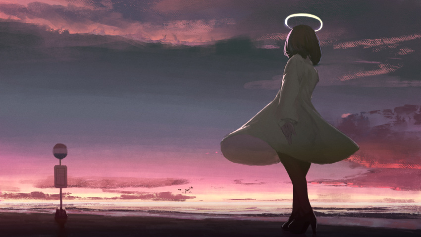 1girl brown_hair clouds commentary_request daruma_karei dress from_behind full_body halo high_heels horizon long_sleeves medium_hair original road_sign scenery sign sky solo standing sunset white_dress