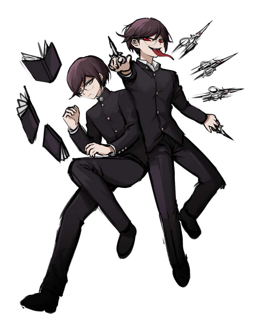 2boys absurdres bangs black_footwear black_jacket black_pants book brown_hair dangan_ronpa:_trigger_happy_havoc dangan_ronpa_(series) dual_persona floating floating_object foreshortening frown fukawa_touko full_body genderswap genderswap_(ftm) genocider_shou glasses highres holding invisible_chair jacket knee_up long_sleeves looking_at_viewer male_focus mole mole_under_mouth multiple_boys no_(xpxz7347) pants red_eyes round_eyewear school_uniform shirt short_hair simple_background sitting smile tongue tongue_out white_background