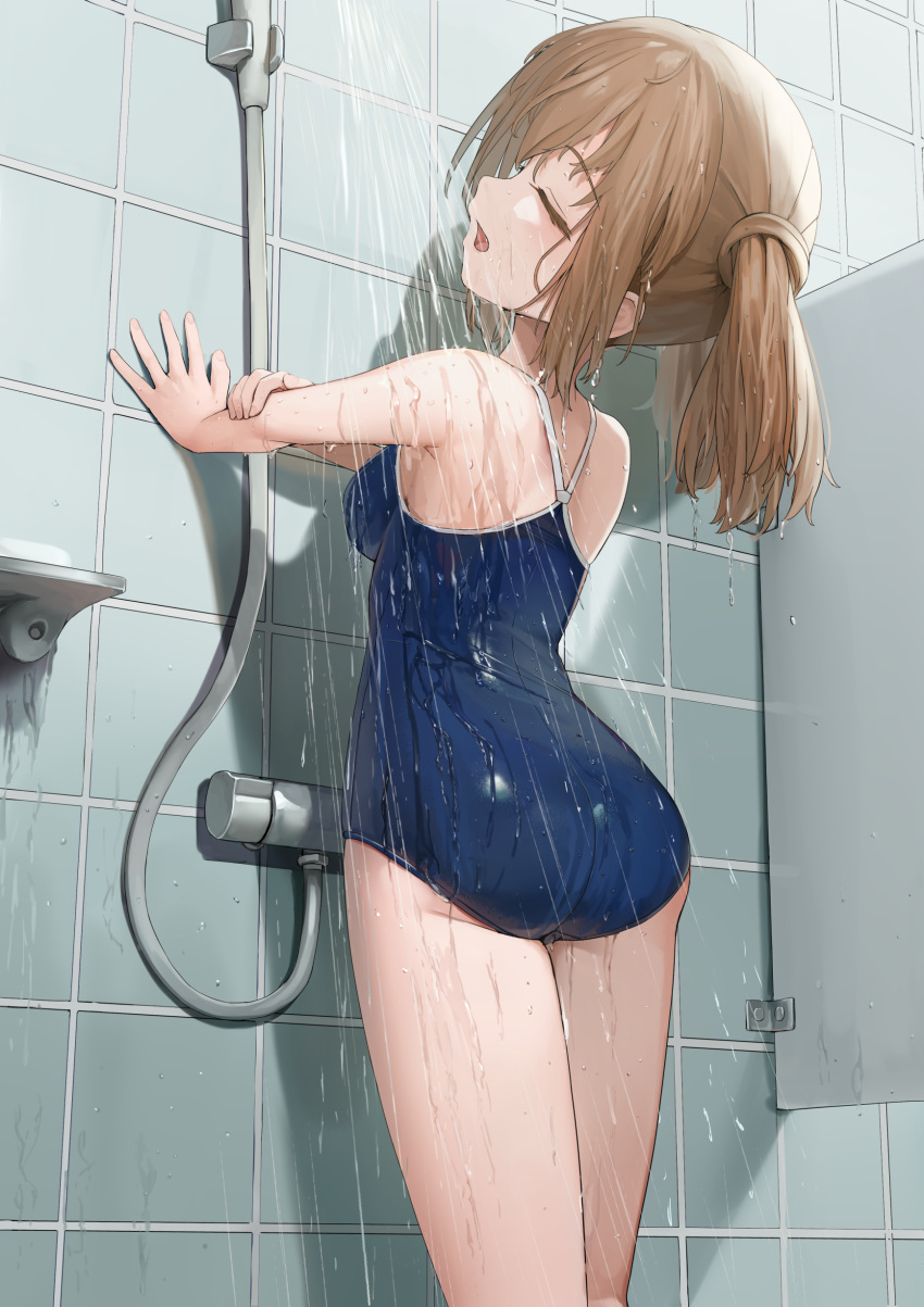 1girl absurdres alice_gear_aegis ass bathing brown_hair closed_eyes highres kimikage_yui legs one-piece_swimsuit open_mouth school_swimsuit short_twintails showering sidelocks solo standing sunga2usagi swimsuit thighs twintails wet wet_clothes wet_swimsuit
