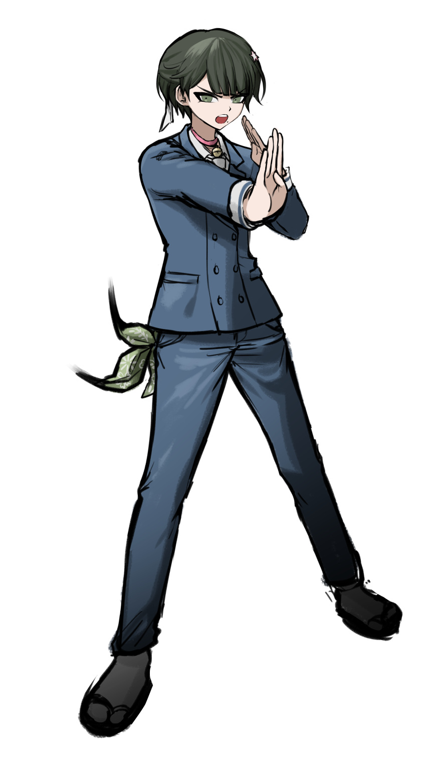 1boy absurdres bangs blue_jacket blue_pants brown_eyes brown_hair buttons chabashira_tenko dangan_ronpa_(series) dangan_ronpa_v3:_killing_harmony double-breasted full_body genderswap genderswap_(ftm) hair_ornament hair_ribbon hands_up highres jacket legs_apart looking_at_viewer male_focus mole mole_under_mouth no_(xpxz7347) open_mouth outstretched_arm pants ribbon shirt shoes short_hair simple_background solo standing upper_teeth white_shirt