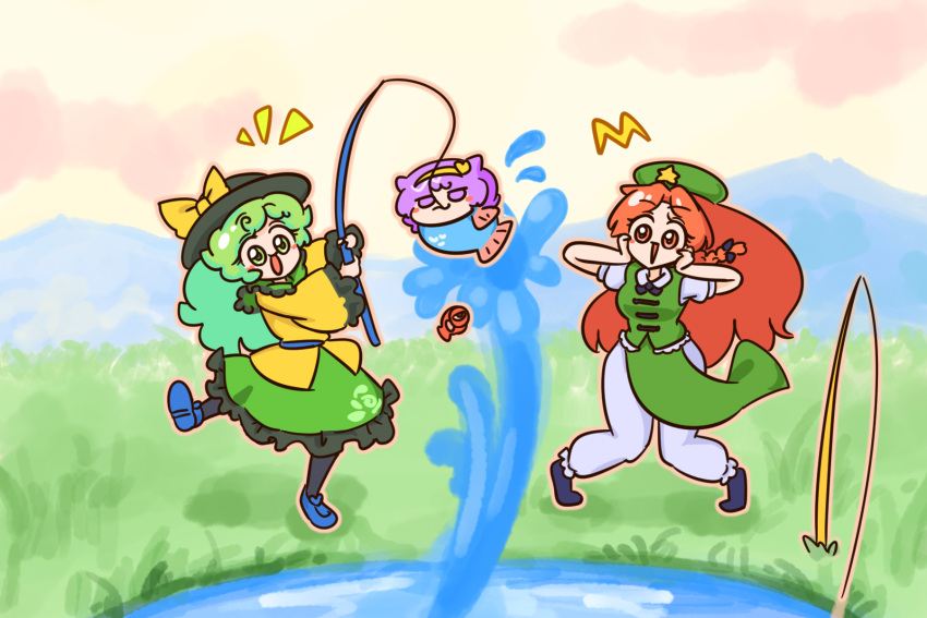 3girls beret blue_footwear chinese_clothes commission face fish fishing fishing_rod grass green_eyes green_hair green_skirt hat highres hong_meiling komeiji_koishi komeiji_satori loafers long_hair mountain multiple_girls numenoko orange_eyes orange_hair outdoors pond shoes skirt sunset third_eye touhou very_long_hair water