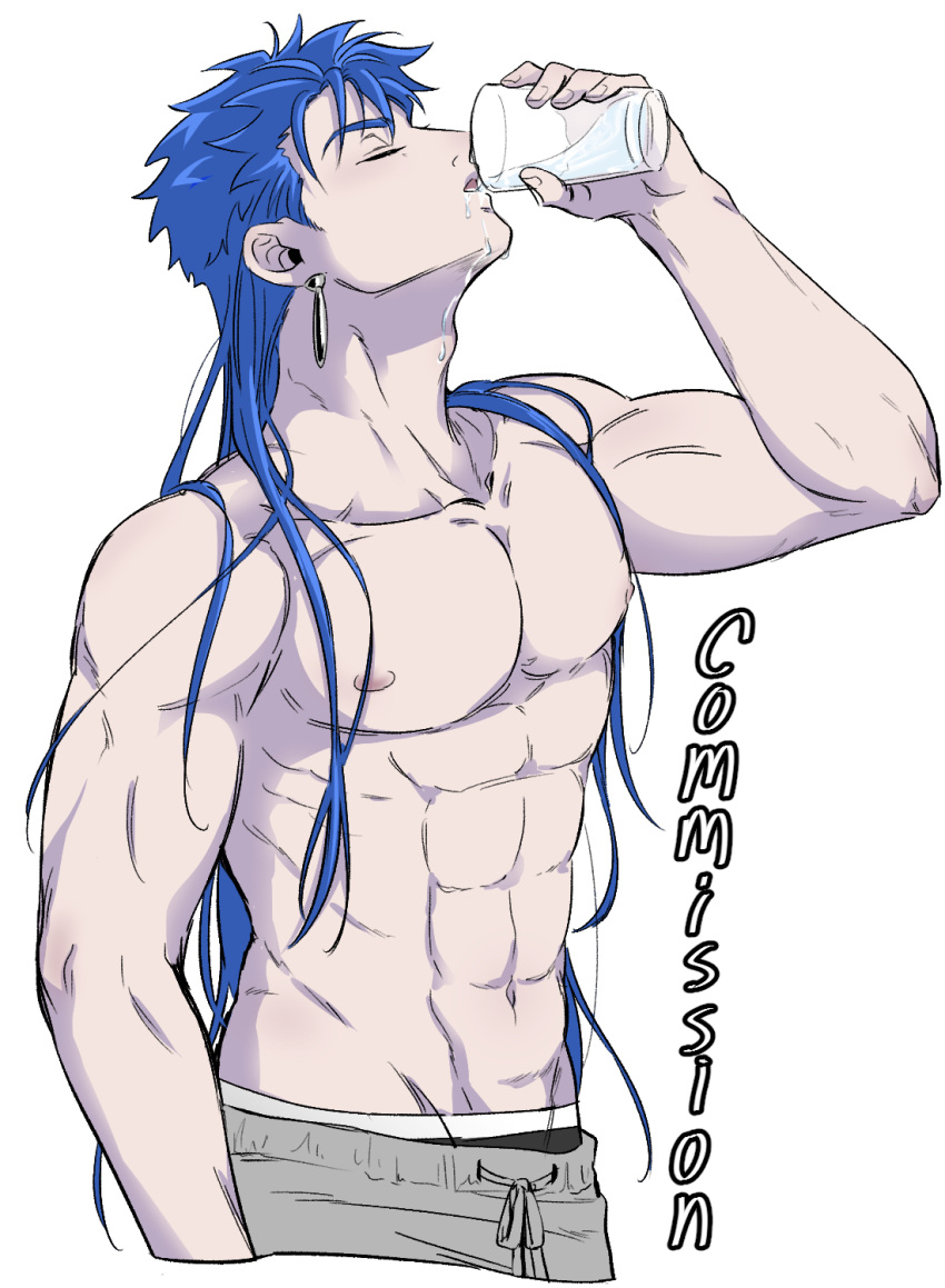 1boy 5_horulu abs adam's_apple biceps blue_hair closed_eyes collarbone commission cu_chulainn_(fate)_(all) cu_chulainn_(fate/stay_night) cup drinking drinking_glass earrings fate/stay_night fate_(series) hair_down highres jewelry long_hair male_focus male_underwear muscular muscular_male navel nipples open_mouth pectorals shirtless simple_background solo spiky_hair underwear water white_background