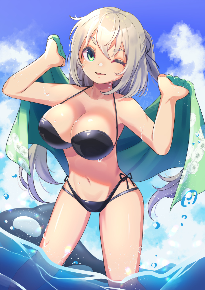 1girl bikini black_bikini blue_sky clouds commentary_request day green_eyes green_towel highres inflatable_toy inflatable_whale layered_bikini looking_at_viewer one_eye_closed orca original outdoors ryofuhiko short_hair silver_hair sky solo swimsuit water