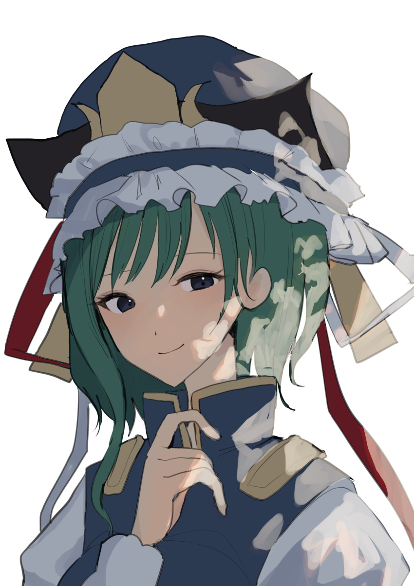 1girl absurdres asymmetrical_hair bangs blue_eyes blue_headwear blue_vest closed_mouth frills gold_trim hand_up hat highres juliet_sleeves kozomezuki light_blush long_sleeves looking_at_viewer portrait puffy_sleeves shiki_eiki short_hair simple_background smile solo touhou vest white_background