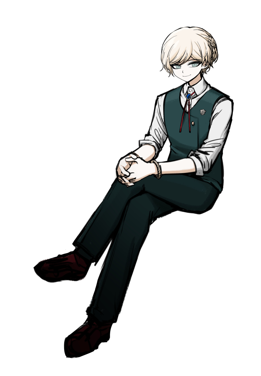 1boy absurdres bangs black_pants blonde_hair braid brown_footwear collared_shirt crossed_legs dangan_ronpa_(series) dangan_ronpa_2:_goodbye_despair full_body genderswap genderswap_(ftm) green_eyes green_vest highres invisible_chair jewelry looking_at_viewer male_focus no_(xpxz7347) pants red_neckwear red_ribbon ribbon shirt shoes short_hair simple_background sitting smile solo sonia_nevermind vest white_background white_shirt