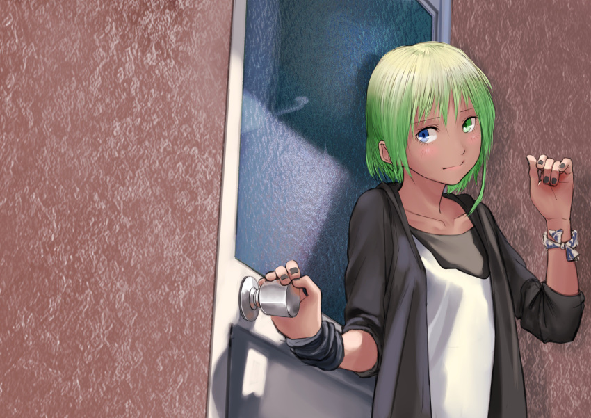 1girl absurdres black_jacket black_nails blue_eyes blush closed_mouth door fingernails green_eyes green_hair hand_up highres hood hood_down hooded_jacket jacket kirie_kairi looking_at_viewer nail_polish original shirt short_hair smile solo upper_body white_shirt wristband