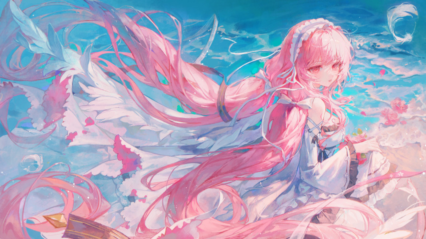 1girl absurdly_long_hair absurdres azur_lane bangs bare_shoulders beach detached_sleeves dress feathered_wings feathers flower frilled_hairband frilled_sleeves frills from_side hairband highres long_hair looking_at_viewer maccha_(mochancc) outdoors parted_lips perseus_(azur_lane) pink_eyes pink_flower pink_hair skirt_hold solo strapless strapless_dress upper_body very_long_hair water white_dress white_hairband white_sleeves white_wings wide_sleeves wings