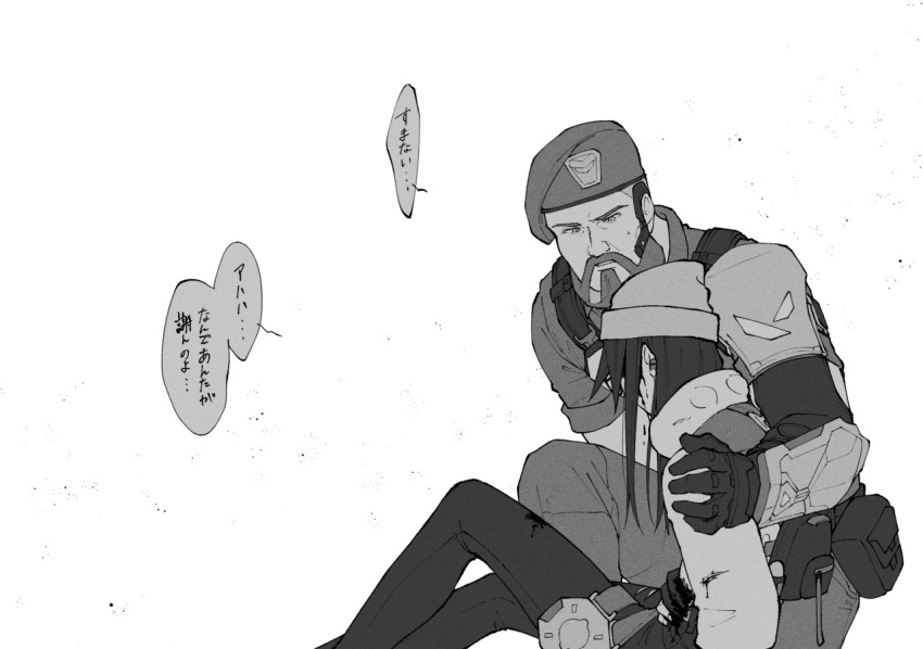 1boy 1girl beanie beard beret brimstone_(valorant) facial_hair glasses gloves greyscale hair_behind_ear hat headset jacket killjoy_(valorant) long_hair looking_down monochrome mustache open_mouth senpi sitting speech_bubble translation_request valorant white_background