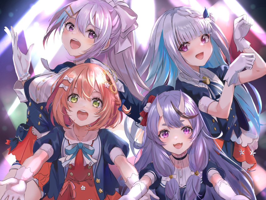 4girls absurdres bangs blue_hair blunt_bangs blush bow bowtie braid buttons clothing_request commentary_request elbow_gloves eyebrows_visible_through_hair facing_to_the_side facing_viewer fangs flower gloves green_eyes hair_bow hair_flower hair_ornament hand_up hands_up highres higuchi_kaede honma_himawari horns lize_helesta long_hair looking_at_viewer looking_to_the_side medium_hair multicolored_hair multiple_girls open_mouth orange_hair ponytail reaching_out rindou_mikoto sidelocks skin_fangs smile straight_hair swept_bangs teeth two-tone_hair violet_eyes watanusinzaemon white_gloves white_hair white_horns
