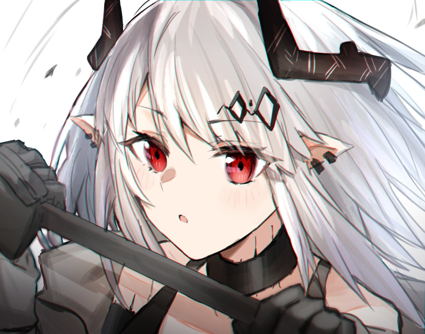 1girl arknights bangs bare_shoulders black_gloves blush choker demon_girl demon_horns ear_piercing elite_ii_(arknights) eyebrows_visible_through_hair gloves highres horns long_hair mudrock_(arknights) piercing pointy_ears raw_egg_lent red_eyes solo white_hair